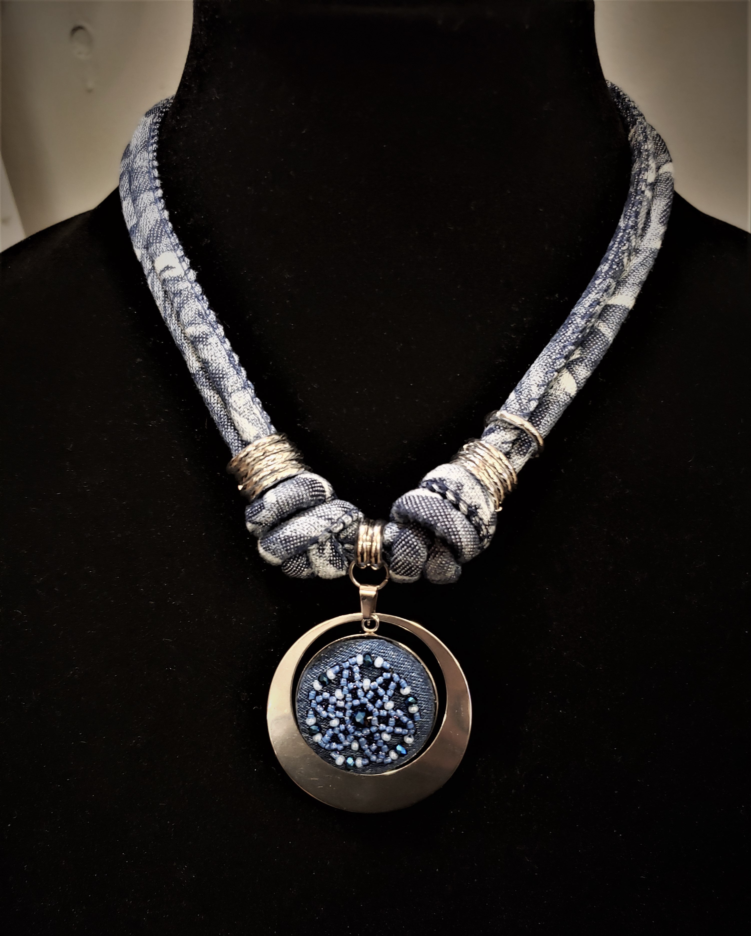 Denim cord necklace -weaved seed beads -  SN081